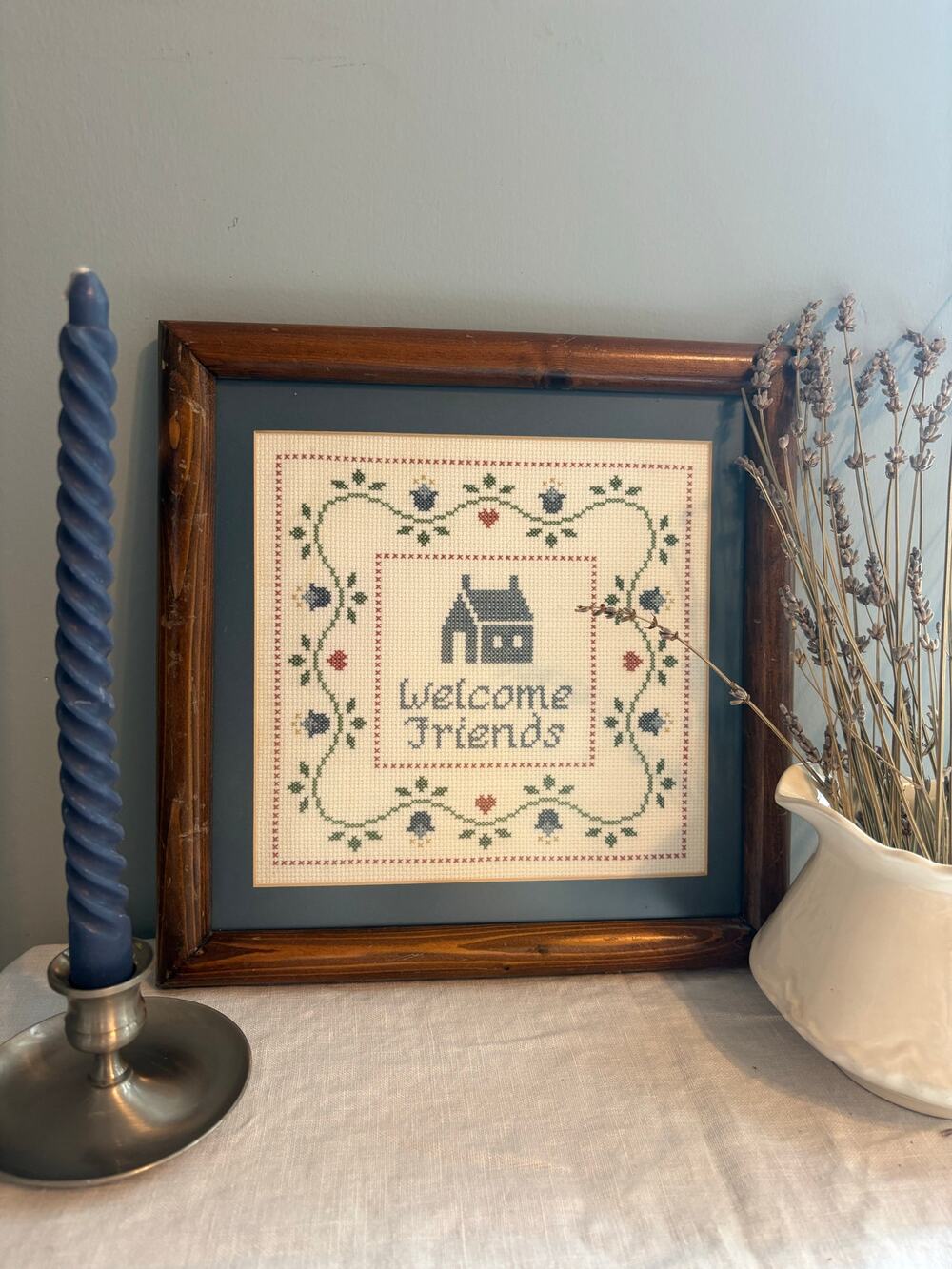 Welcome Friends framed wall hanging cross stitch